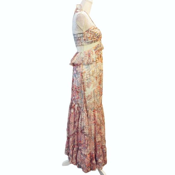 NWOT Rococo Sand Paola Halter Cutout Metallic Ruffle Maxi Dress $445 Medium - Picture 4 of 10